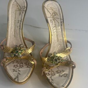 Giuseppe Zanotti Gold Embellished Slide Mules with Green Crystal Accents